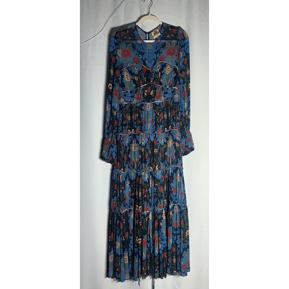 FARM Rio Arabesque Floral Tiered Maxi Dress Gown Blue Red Long Sleeve Size M - Picture 2 of 13